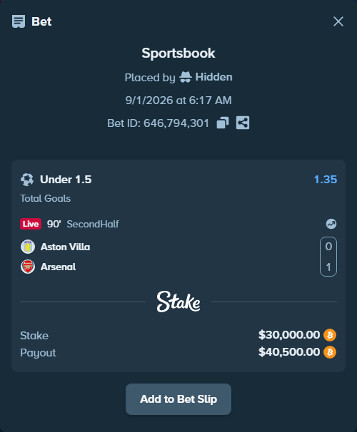 Bet slip: Aston Villa - Arsenal, $30,032.28 stake at 1.35 odds, placed by Hidden