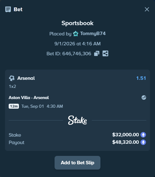 Bet slip: Aston Villa - Arsenal, $31,739.30 stake at 1.51 odds, placed by TommyB74