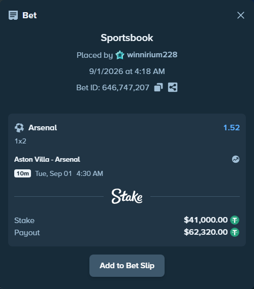 Bet slip: Aston Villa - Arsenal, $41,000.00 stake at 1.52 odds, placed by winnirium228