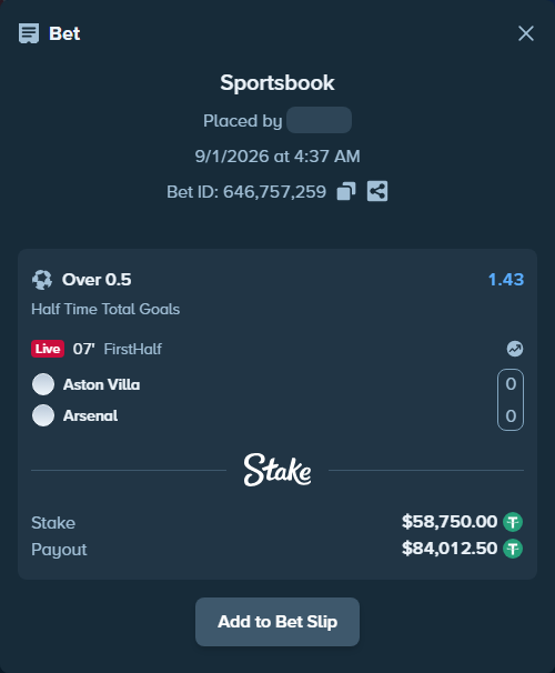 Bet slip: Aston Villa - Arsenal, $58,750.00 stake at 1.43 odds, placed by Jackpoor