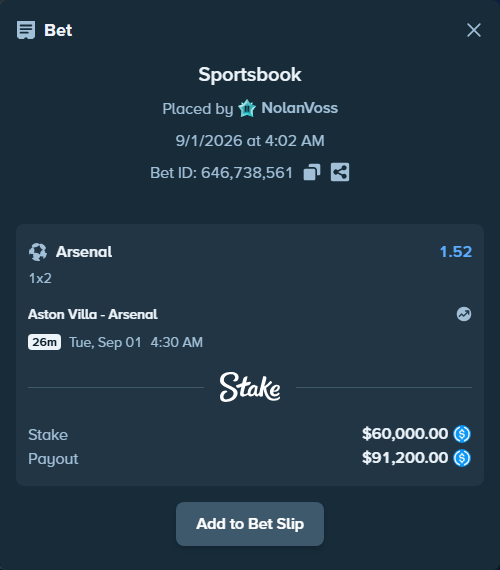 Bet slip: Aston Villa - Arsenal, $60,000.00 stake at 1.52 odds, placed by NolanVoss