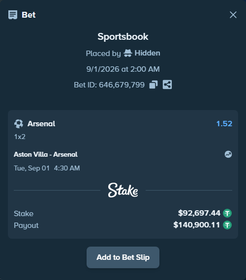 Bet slip: Aston Villa - Arsenal, $92,697.44 stake at 1.52 odds, placed by Hidden