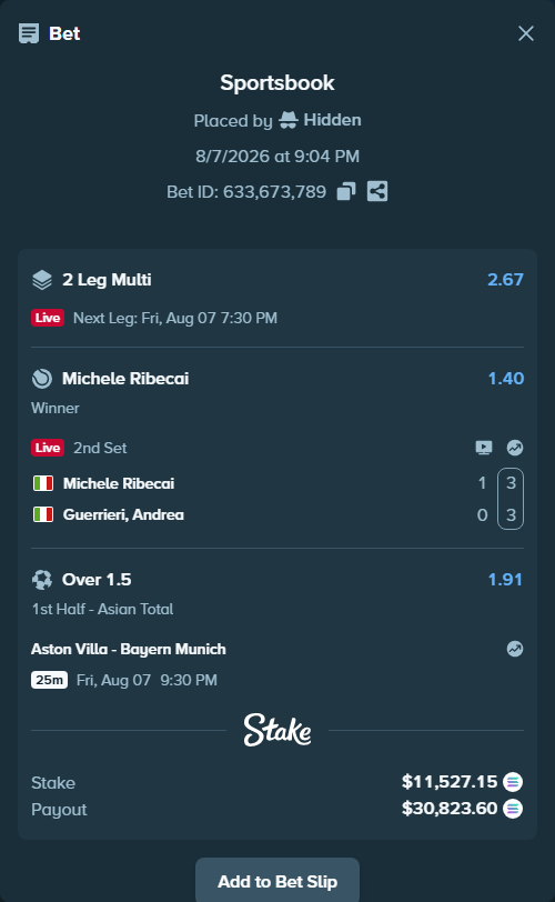 Bet slip: Aston Villa - Bayern Munich, $11,555.46 stake at 1.91 odds, placed by Hidden