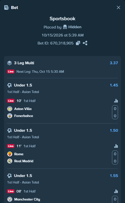 Bet slip: Aston Villa - Fenerbahce Istanbul, $10,000.00 stake at 1.45 odds, placed by Prof200
