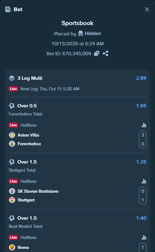Bet slip: Aston Villa - Fenerbahce Istanbul, $10,000.00 stake at 1.65 odds, placed by Paata09