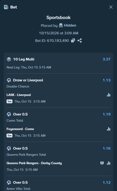 Bet slip: Aston Villa - Fenerbahce Istanbul, $14,999.00 stake at 1.12 odds, placed by SH7N28