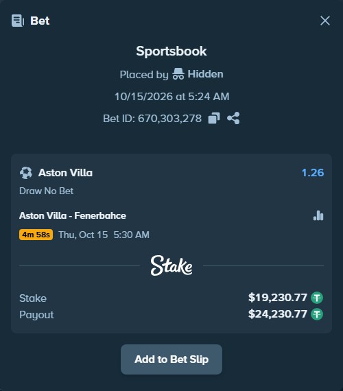Bet slip: Aston Villa - Fenerbahce Istanbul, $19,250.00 stake at 1.26 odds, placed by oscardv1981