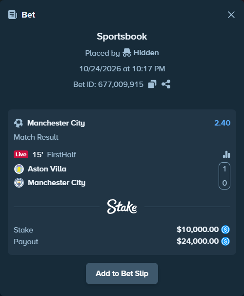 Bet slip: Aston Villa - Manchester City, $10,000.00 stake at 2.40 odds, placed by mathiasjuel