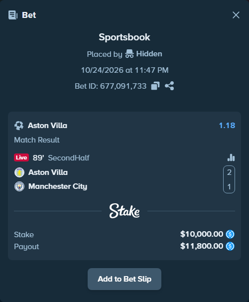 Bet slip: Aston Villa - Manchester City, $10,000.00 stake at 1.18 odds, placed by martinesor