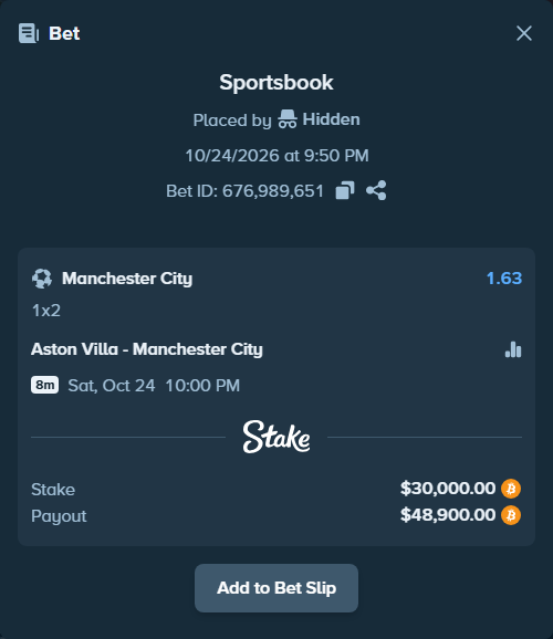 Bet slip: Aston Villa - Manchester City, $29,909.84 stake at 1.63 odds, placed by Espnik