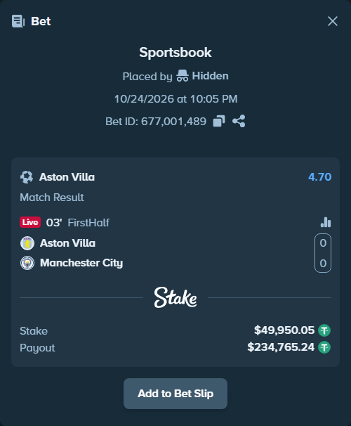 Bet slip: Aston Villa - Manchester City, $50,000.00 stake at 4.70 odds, placed by BetlikeaKing