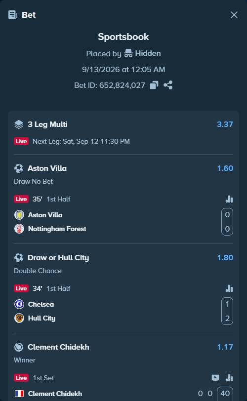 Bet slip: Aston Villa - Nottingham Forest, $24,000.00 stake at 1.60 odds, placed by Hidden