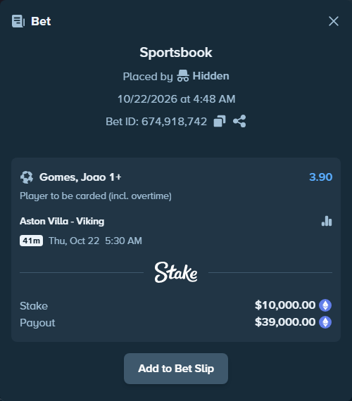 Bet slip: Aston Villa - Viking, $9,832.99 stake at 3.90 odds, placed by Hidden
