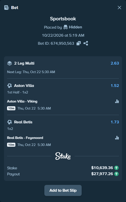 Bet slip: Aston Villa - Viking, $10,650.00 stake at 1.52 odds, placed by Hidden
