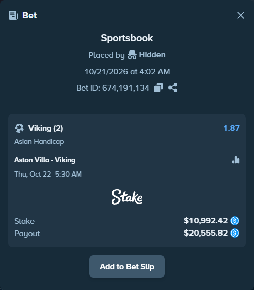 Bet slip: Aston Villa - Viking, $10,992.42 stake at 1.87 odds, placed by qwertea