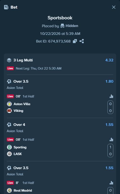 Bet slip: Aston Villa - Viking, $15,015.00 stake at 1.80 odds, placed by Hidden