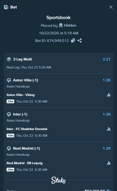 Bet slip: Aston Villa - Viking, $61,100.00 stake at 1.26 odds, placed by Hidden