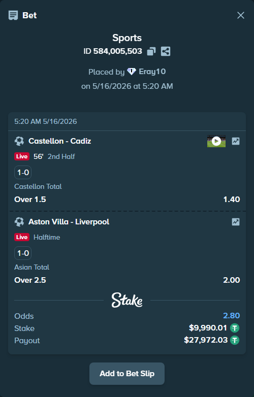 Bet slip: Aston Villaocc - Liverpool, $10,000.00 stake at 2.00 odds, placed by Eray10