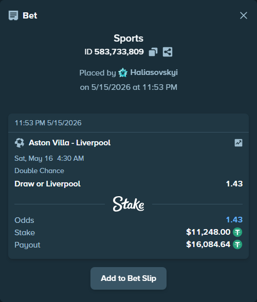 Bet slip: Aston Villaocc - Liverpool, $11,248.00 stake at 1.43 odds, placed by Haliasovskyi