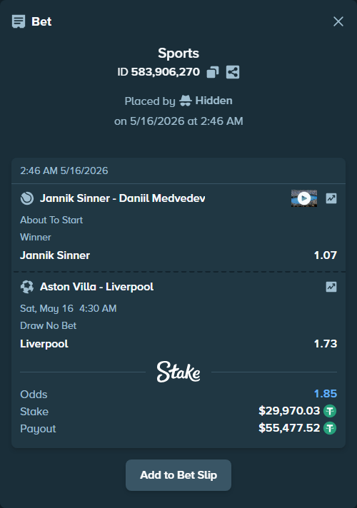 Bet slip: Aston Villaocc - Liverpool, $30,000.00 stake at 1.73 odds, placed by Hidden