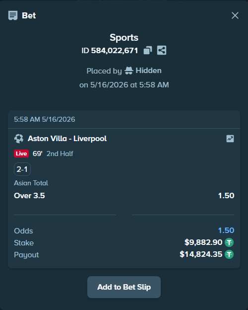 Bet slip: Aston Villaocc - Liverpool, $9,892.78 stake at 1.50 odds, placed by erdo2608