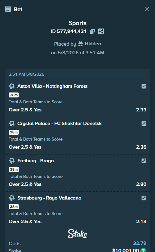 Bet slip: Aston Villaocc - Nottingham Forest, $10,001.00 stake at 2.33 odds, placed by Hidden