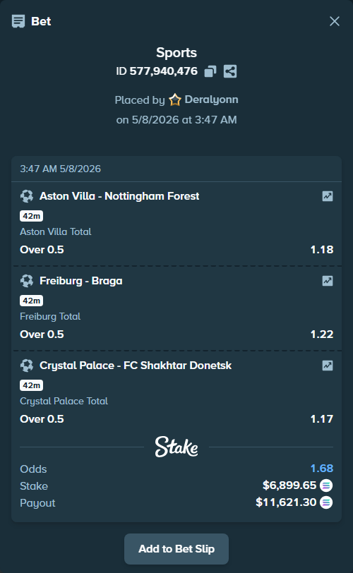 Bet slip: Aston Villaocc - Nottingham Forest, $5,711.77 stake at 1.18 odds, placed by Deralyonn