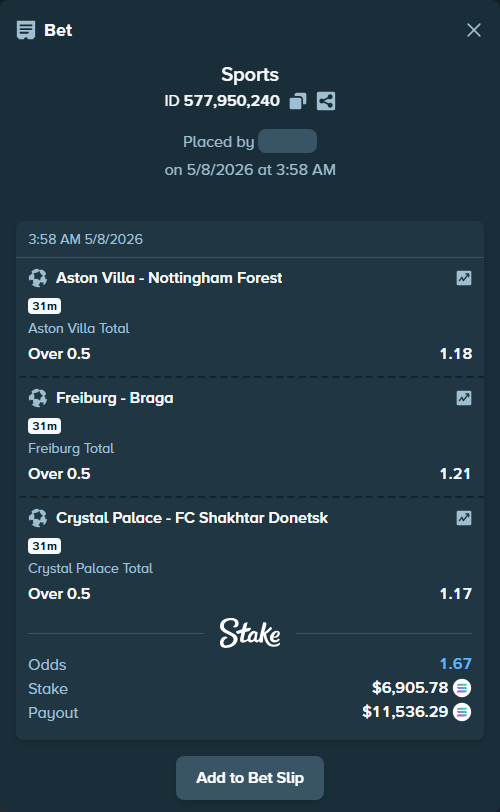 Bet slip: Aston Villaocc - Nottingham Forest, $5,711.77 stake at 1.18 odds, placed by Deralyonn