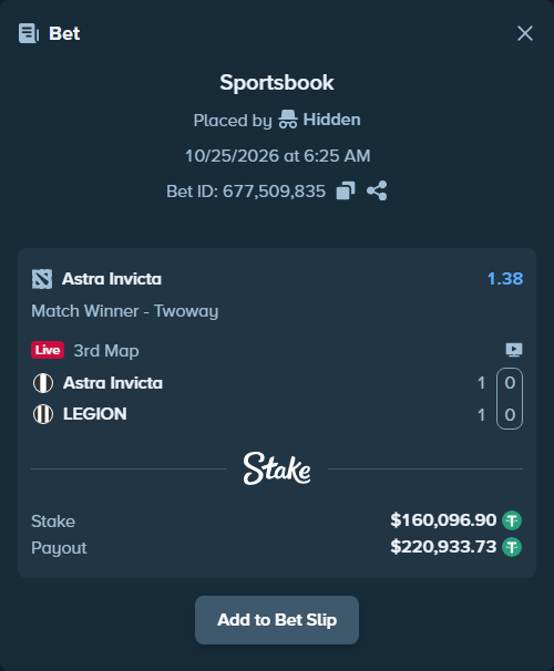 Bet slip: Astra Invicta - LEGION, $160,257.00 stake at 1.38 odds, placed by Mnt41