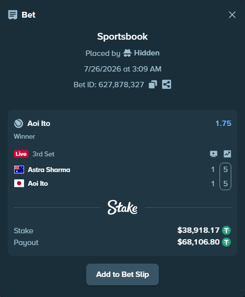 Bet slip: Astra Sharma - Aoi Ito, $38,918.17 stake at 1.75 odds, placed by Hidden