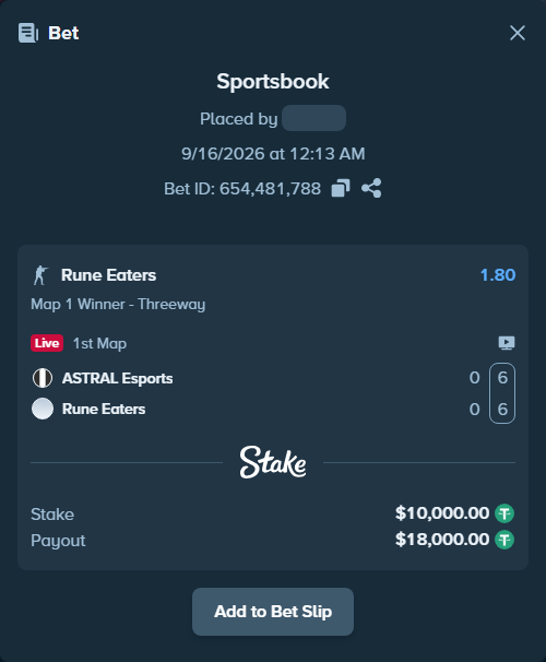 Bet slip: ASTRAL Esports - Rune Eaters, $10,000.00 stake at 1.80 odds, placed by saszakoncza