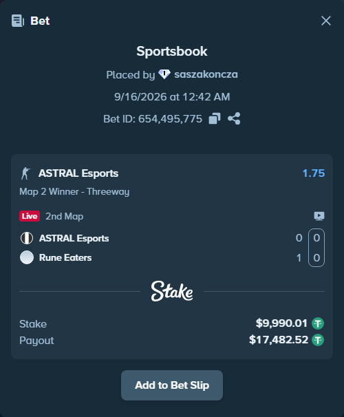 Bet slip: ASTRAL Esports - Rune Eaters, $10,000.00 stake at 1.75 odds, placed by saszakoncza