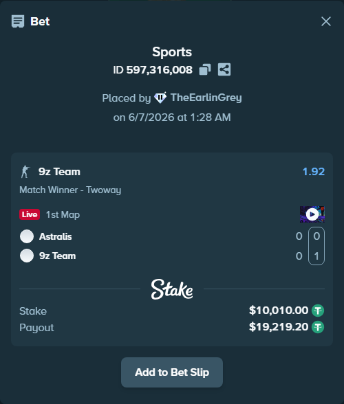 Bet slip: Astralis - 9z Team, $10,010.00 stake at 1.92 odds, placed by TheEarlinGrey