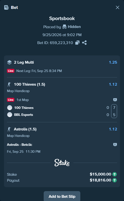 Bet slip: Astralis - Betclic, $15,000.00 stake at 1.12 odds, placed by Hidden
