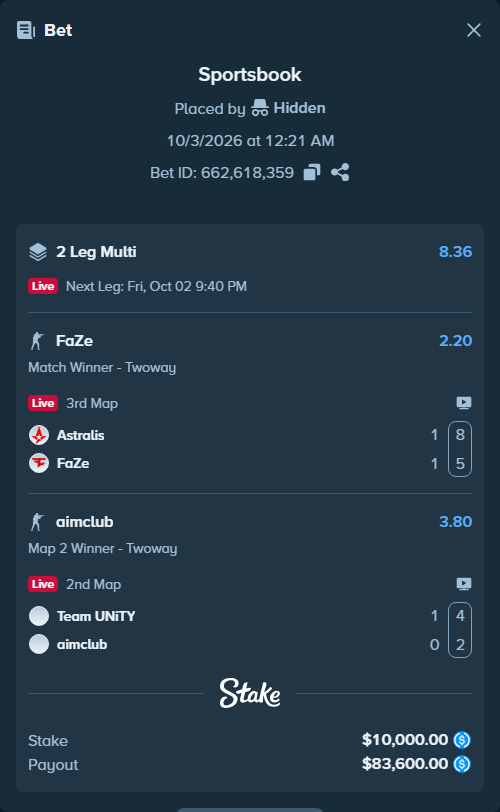 Bet slip: Astralis - FaZe, $10,000.00 stake at 2.20 odds, placed by Hidden
