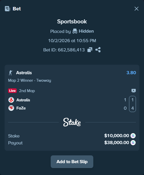 Bet slip: Astralis - FaZe, $9,899.53 stake at 3.80 odds, placed by Hidden