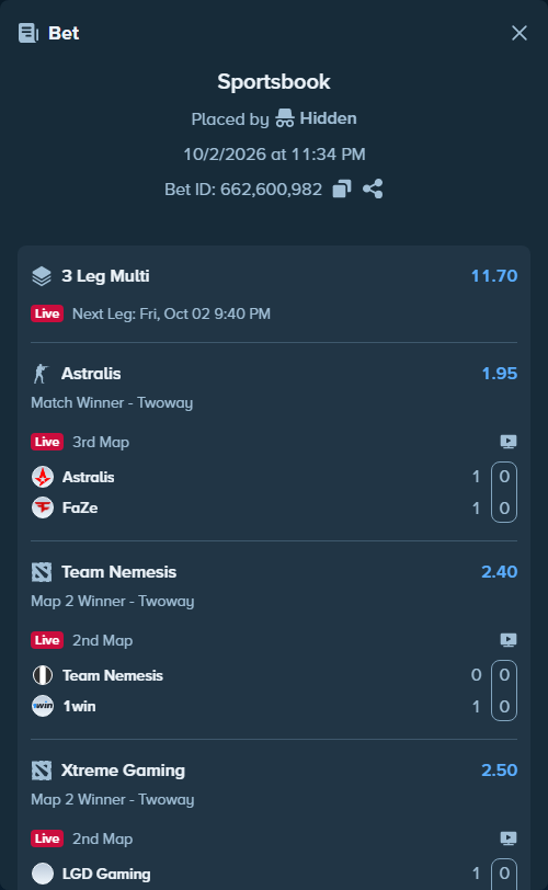 Bet slip: Astralis - FaZe, $11,000.00 stake at 1.95 odds, placed by Hidden