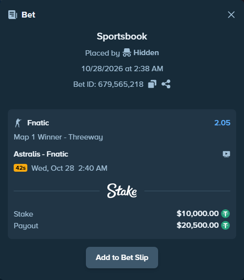 Bet slip: Astralis - Fnatic, $10,010.00 stake at 2.05 odds, placed by Hidden