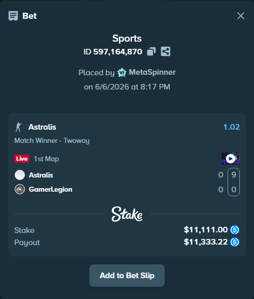 Bet slip: Astralis - GamerLegion, $11,111.00 stake at 1.02 odds, placed by MetaSpinner