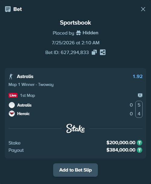 Bet slip: Astralis - Heroic, $200,200.00 stake at 1.92 odds, placed by Hidden