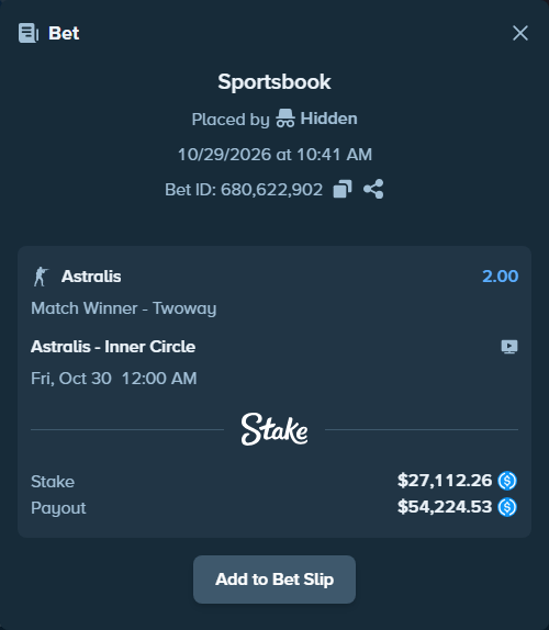 Bet slip: Astralis - Inner Circle, $27,112.26 stake at 2.00 odds, placed by dumanskyi
