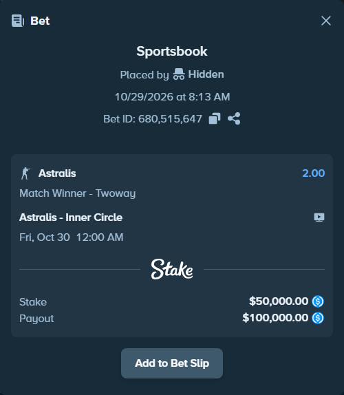 Bet slip: Astralis - Inner Circle, $50,000.00 stake at 2.00 odds, placed by Hidden