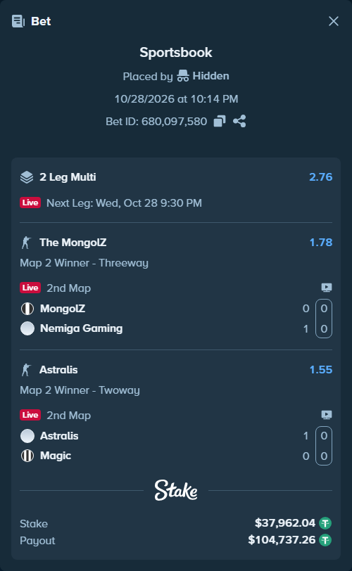 Bet slip: Astralis - Magic, $38,000.00 stake at 1.55 odds, placed by Hidden