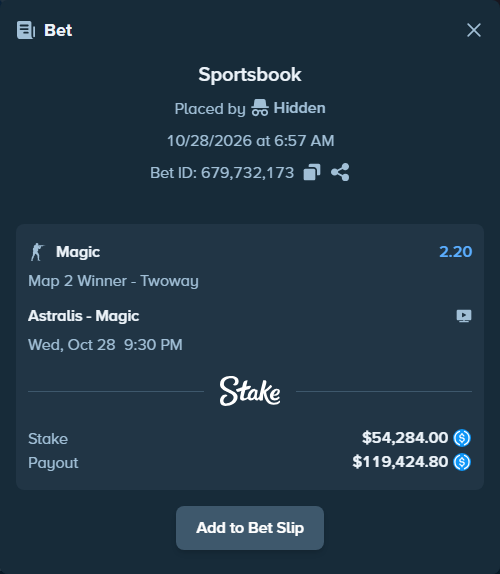 Bet slip: Astralis - Magic, $54,284.00 stake at 2.20 odds, placed by Hidden