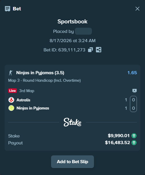 Bet slip: Astralis - Ninjas in Pyjamas, $10,000.00 stake at 1.65 odds, placed by fantasy7788