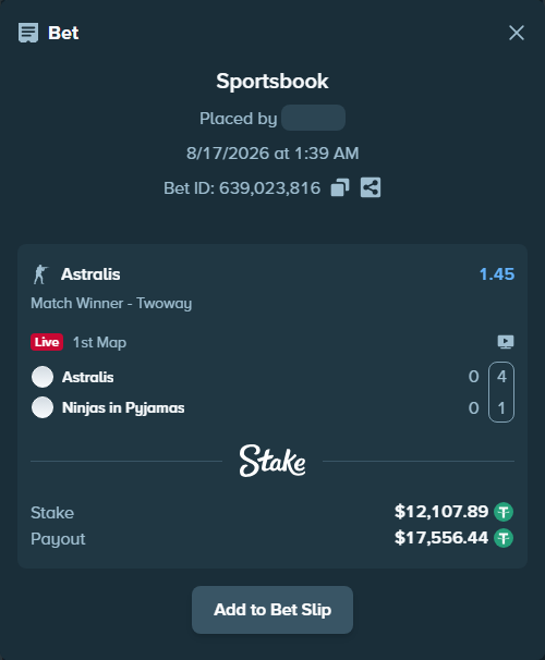Bet slip: Astralis - Ninjas in Pyjamas, $12,120.00 stake at 1.45 odds, placed by antoniku