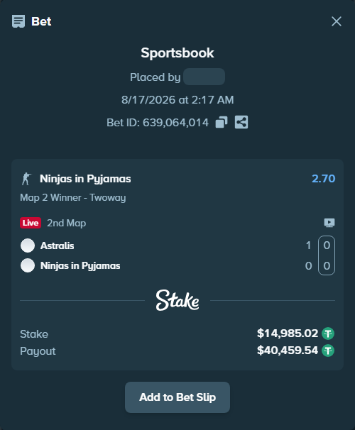 Bet slip: Astralis - Ninjas in Pyjamas, $15,000.00 stake at 2.70 odds, placed by fantasy7788