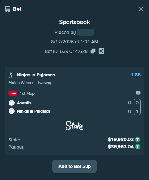 Bet slip: Astralis - Ninjas in Pyjamas, $20,000.00 stake at 1.85 odds, placed by antoniku