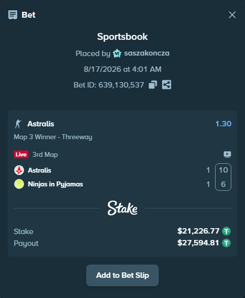 Bet slip: Astralis - Ninjas in Pyjamas, $21,248.00 stake at 1.30 odds, placed by saszakoncza
