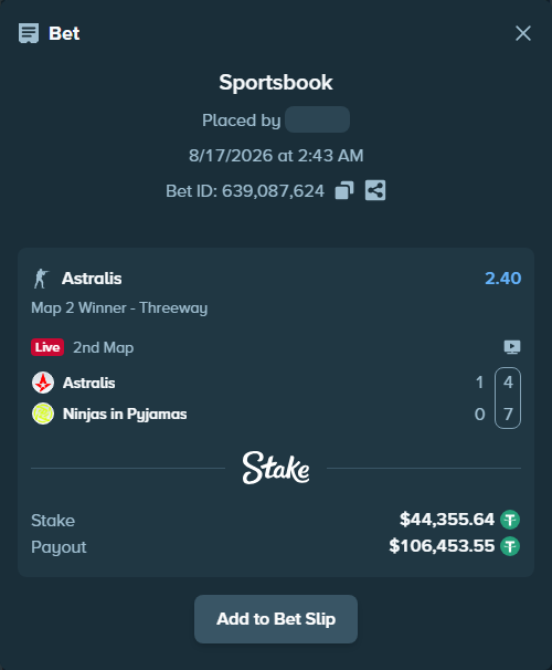 Bet slip: Astralis - Ninjas in Pyjamas, $44,400.00 stake at 2.40 odds, placed by saszakoncza